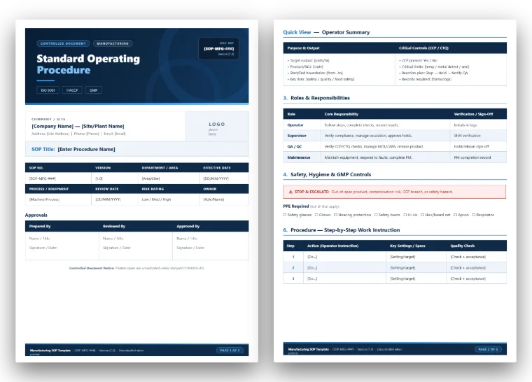 Free manufacturing SOP template for Word - preview of the standard operating procedure template pages with ISO 9001, HACCP and GMP sections